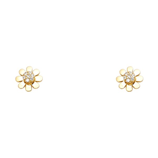 14KY Sun Flower CZ Stud Earrings with Screw Back