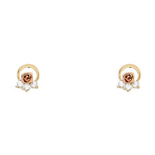 14K 2T Flower CZ Stud Earrings with Screw Back