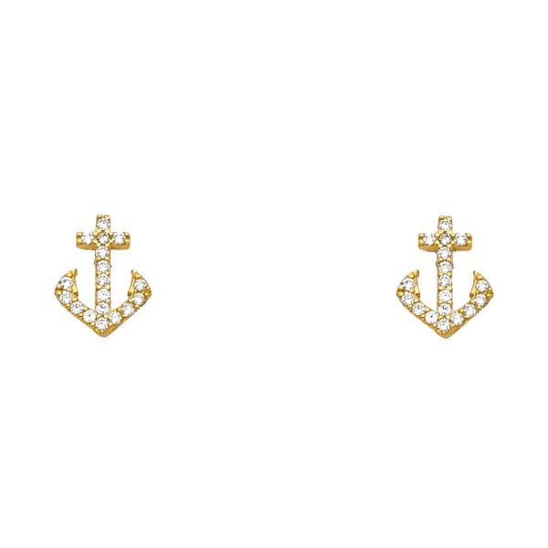 14KY Anchor CZ Stud Earrings with Screw Back