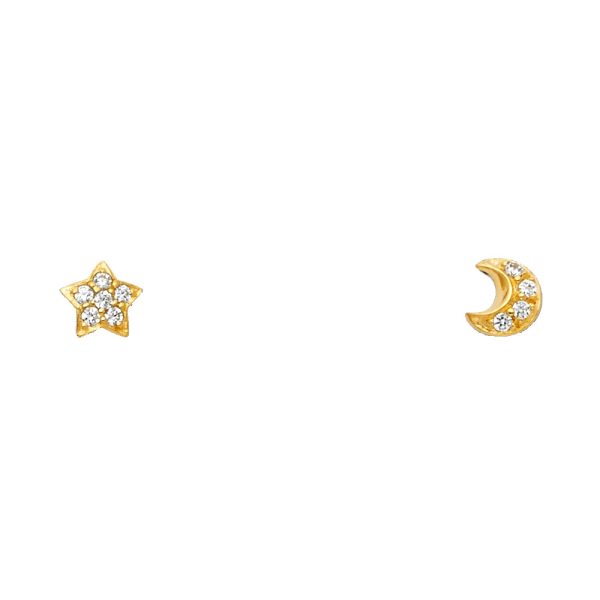 14KY Star+Moon CZ Stud Earrings with Screw Back