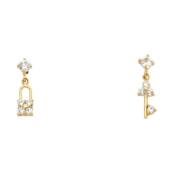 14KY Key+Lock CZ Stud Earrings with Screw Back