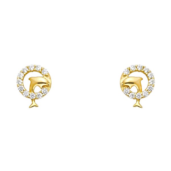 14KY Dolphin CZ Stud Earrings with Screw Back