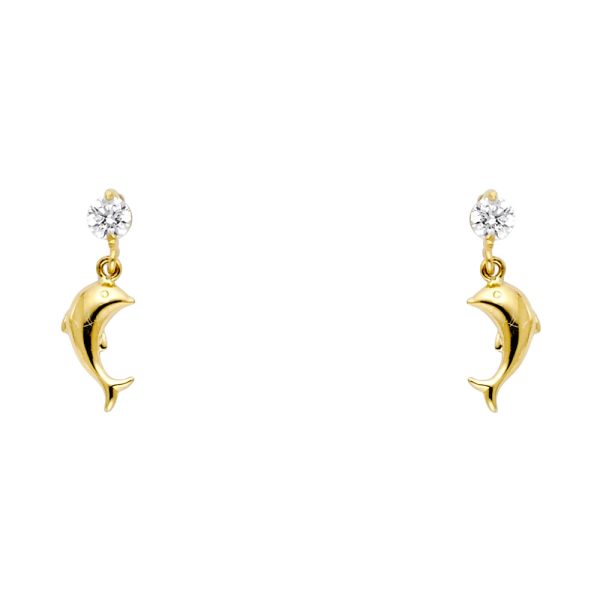 14KY Dolphin CZ Stud Earrings with Screw Back