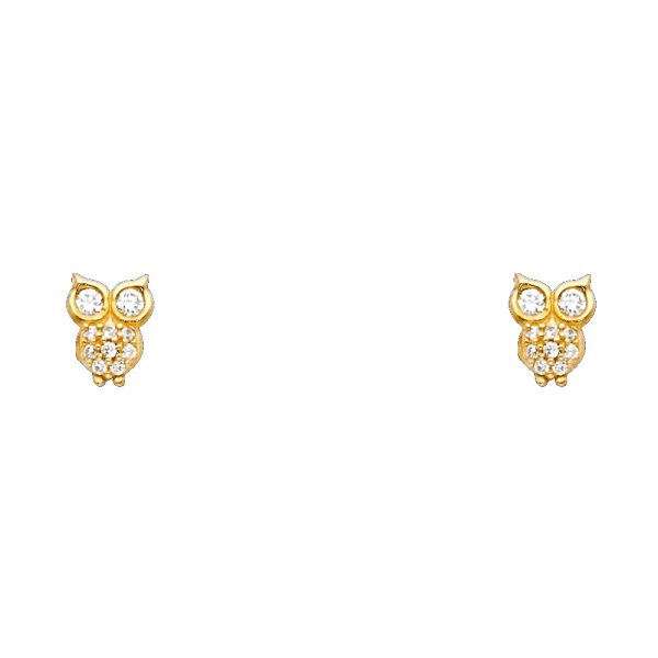 14KY Owl CZ Stud Earrings with Screw Back