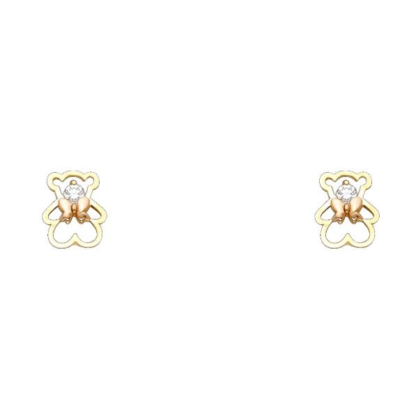 14K 2T Bear CZ Stud Earrings with Screw Back