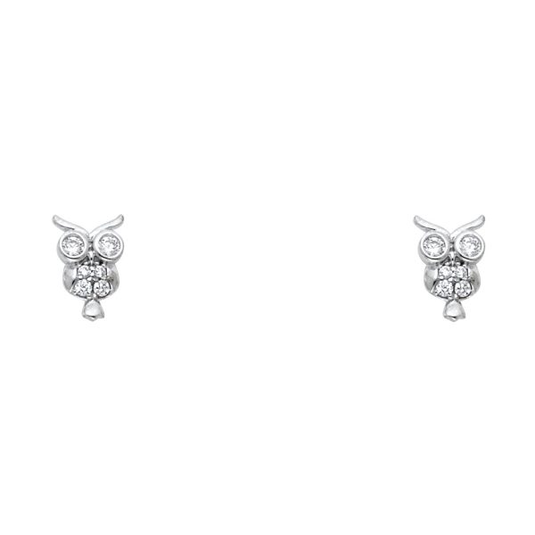 14KW Owl CZ Stud Earrings with Screw Back