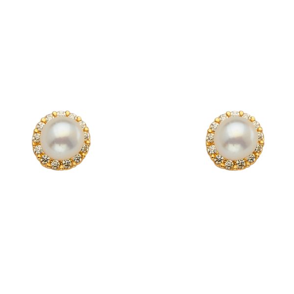 14KY Pearl+CZ Earrings with Screw Back