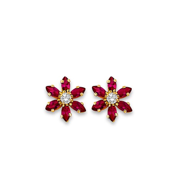 14KY Red Flower CZ Stud Earr with Screw Back