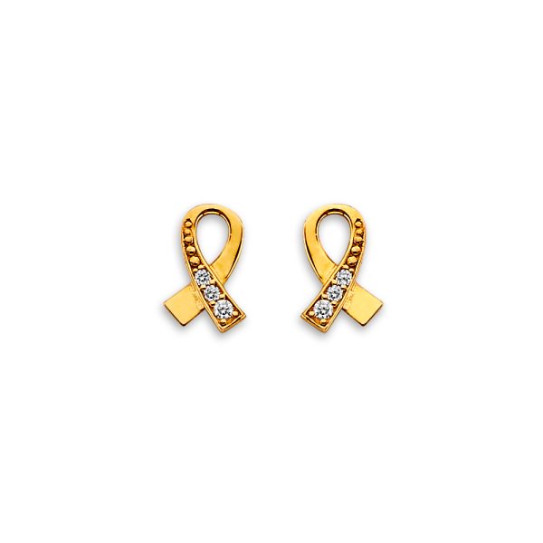 14KY Cancer Ribbon CZ Stud Earrings with Screw Back